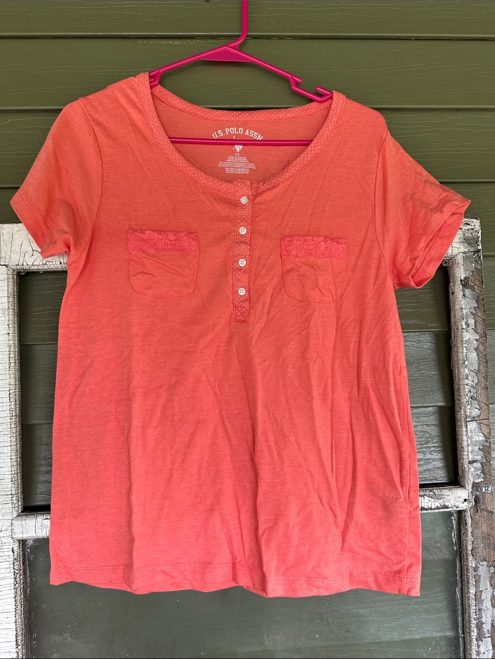U.S. Polo Assn. Coral Short Sleeve Henley with Lace Pocket Detail